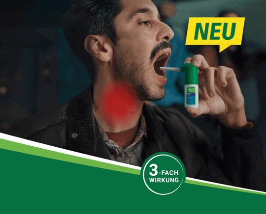 Person wendet Tantum Verde Duo Spray an. Produktpackung mit Hinweis auf 3-fach-Wirkung und „Neu“-Kennzeichnung sichtbar.