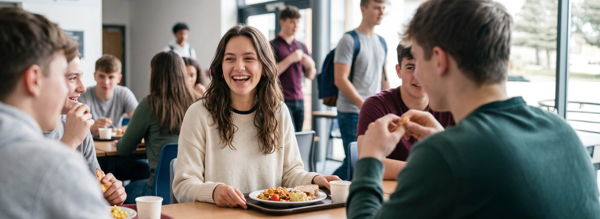 Gruppe von Schülern sitzen gemeinsam in der Mensa und essen