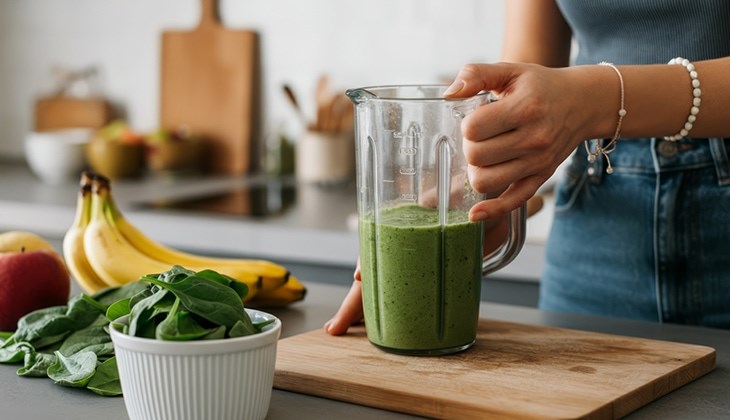 Eine Frau hält einen Mixbehälter mit grünem Smoothie auf einem Schneidebrett, daneben liegen Spinatblätter, Bananen und ein Apfel.