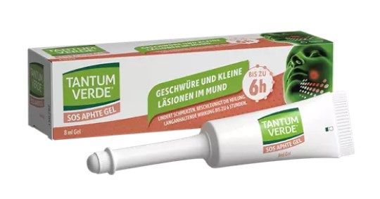 Tantum Verde SOS Aphte Gel bei Aphten Produkt und Verpackung